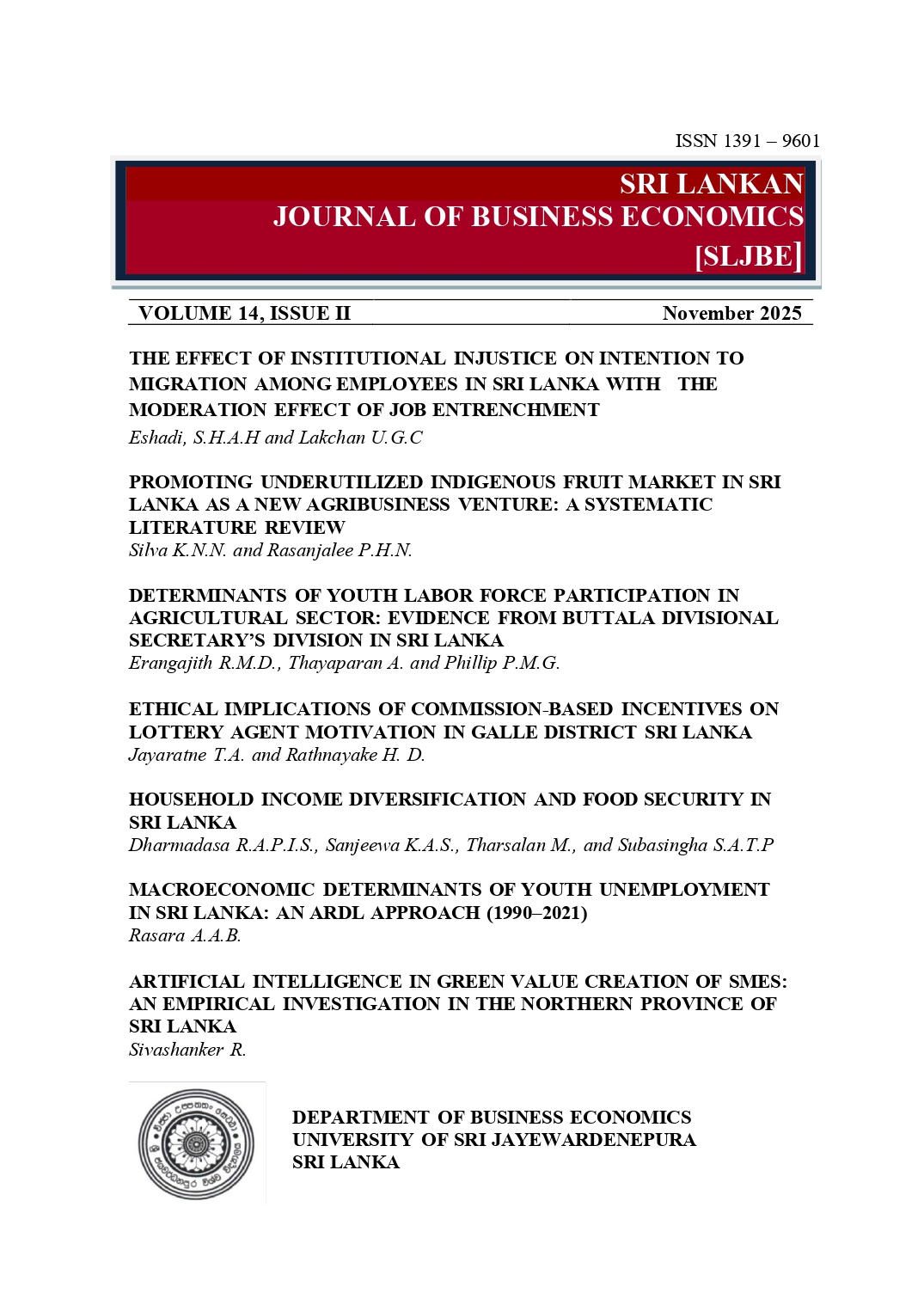 					View Vol. 14 No. 2 (2025): Sri Lankan Journal of Business Economics
				