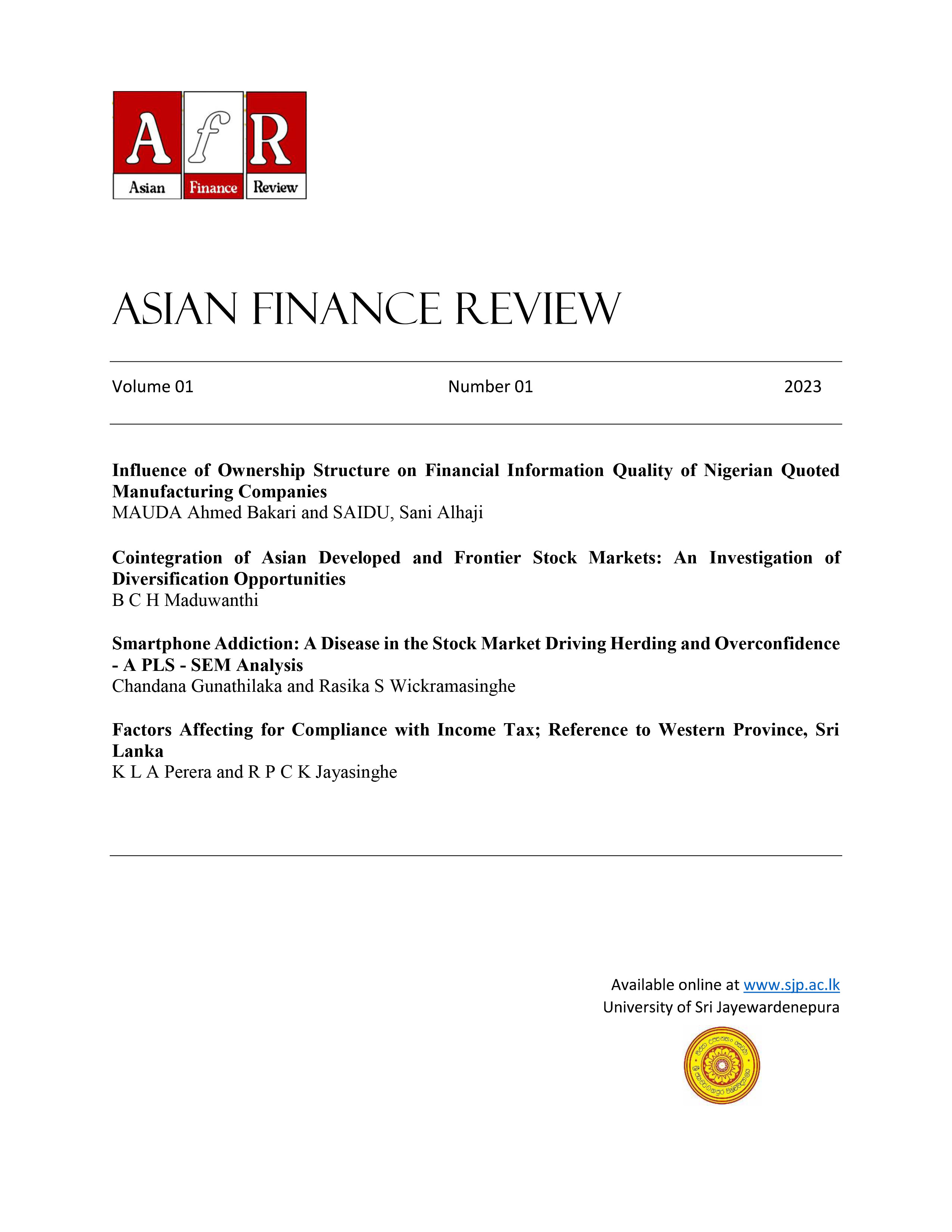 					View Vol. 1 No. 01 (2023): Asian Finance Review
				
