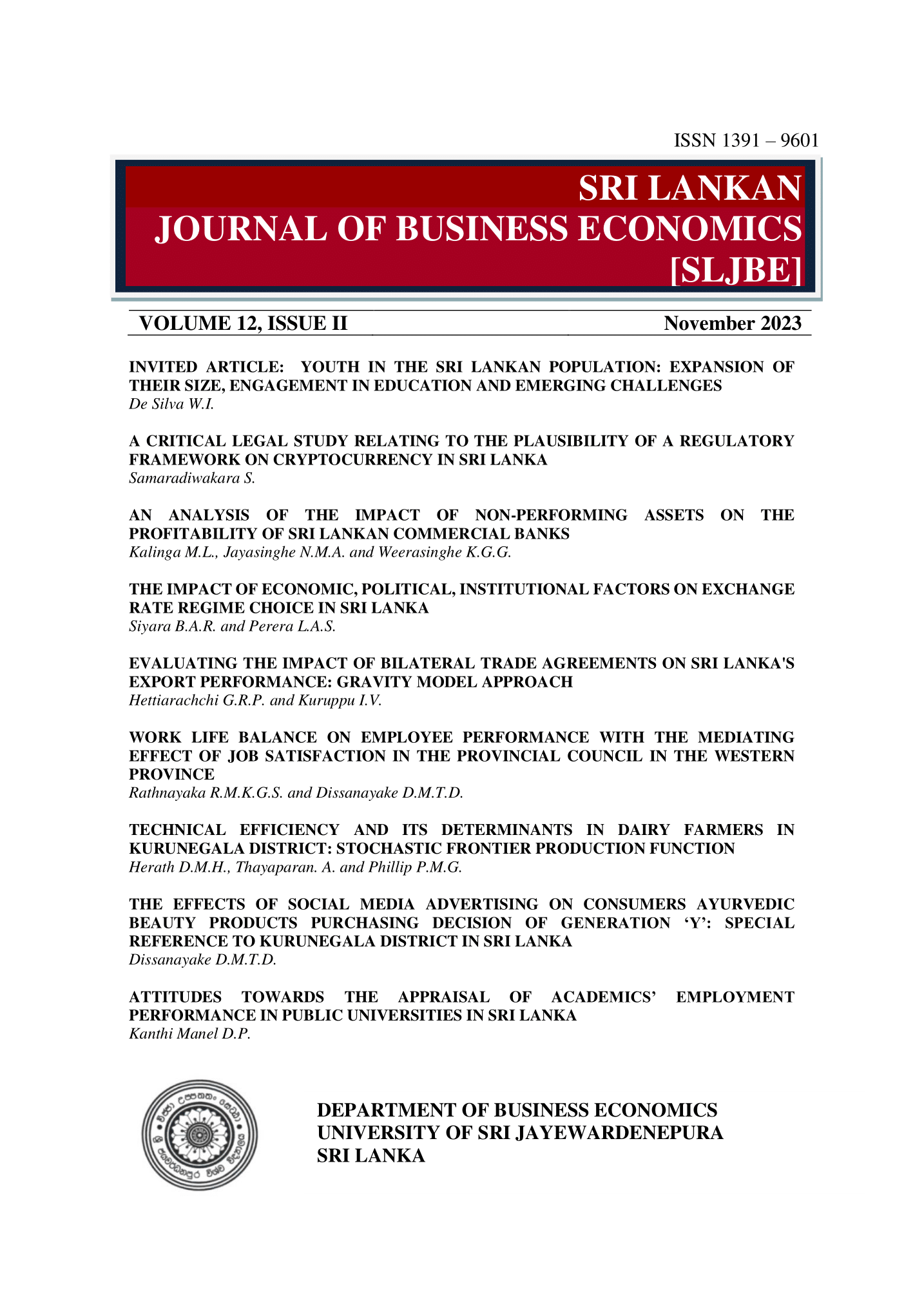 					View Vol. 12 No. 2 (2023): Sri Lankan Journal of Business Economics
				