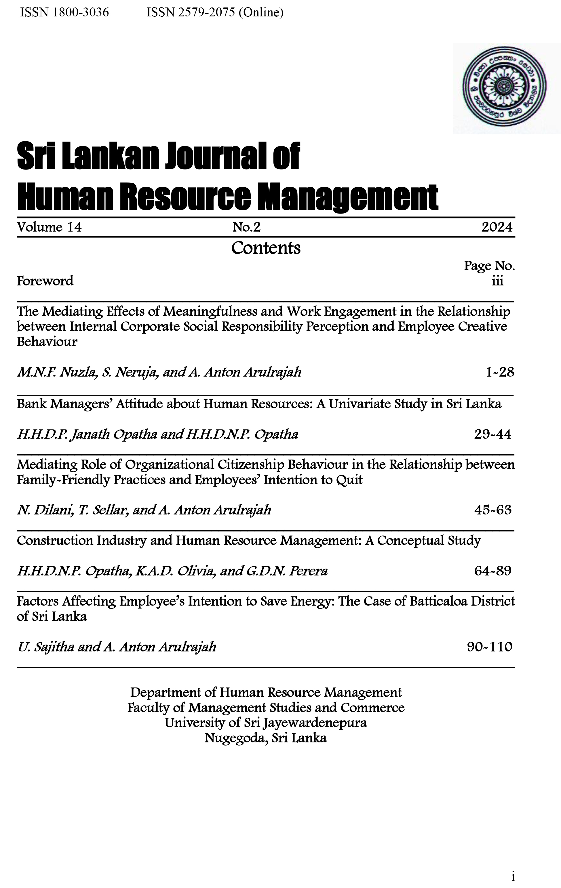 					View Vol. 14 No. 02 (2024): Sri Lankan Journal of Human Resource Management 
				